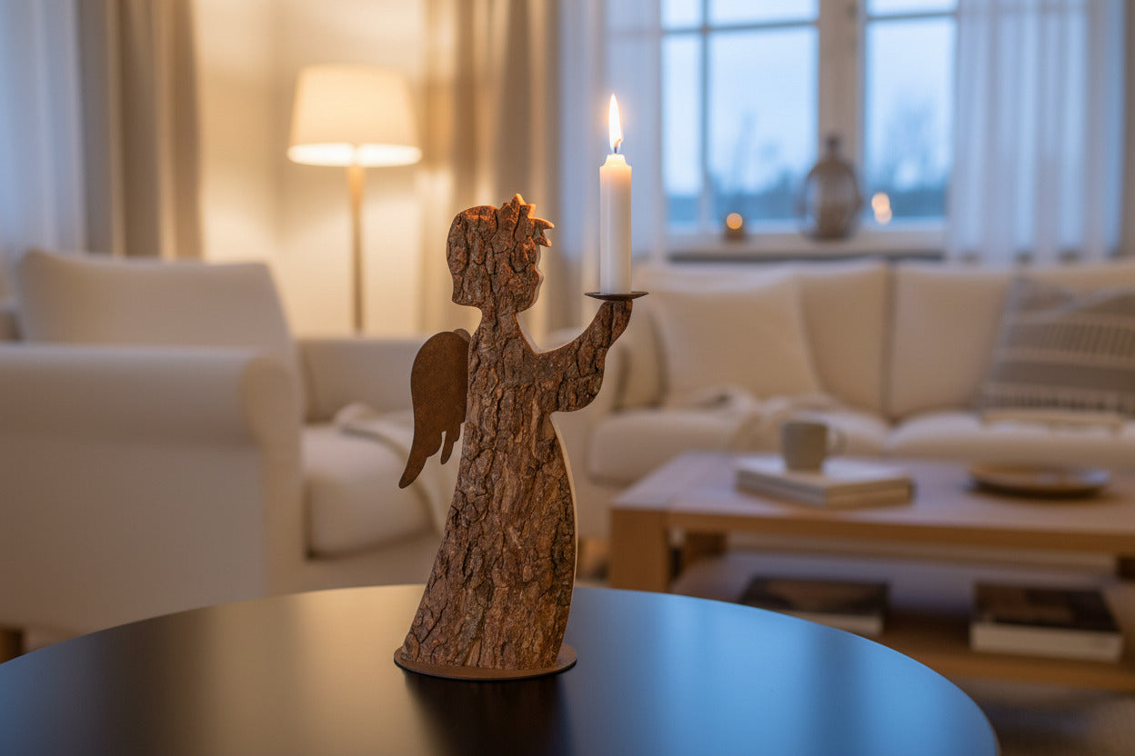 Thankgoods Rindenengel mit Kerze auf schwarzem Tisch