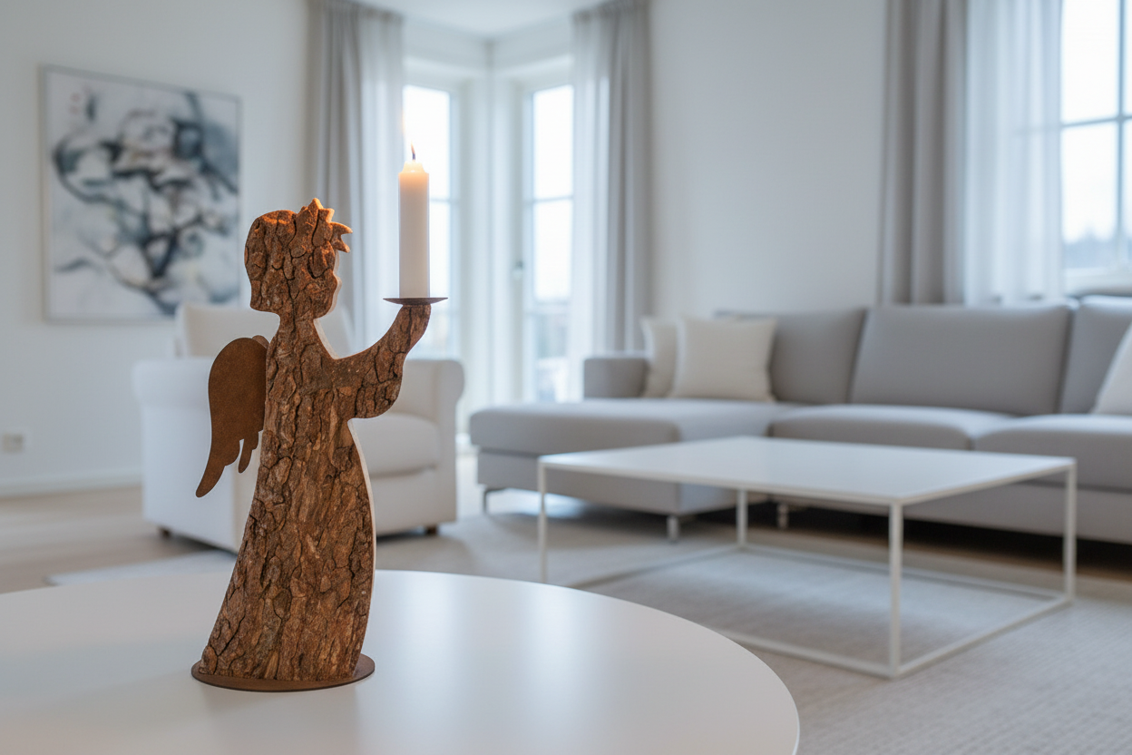 Thankgoods Rindenengel mit Kerze, Höhe 29 cm, im weissen Wohnzimmer