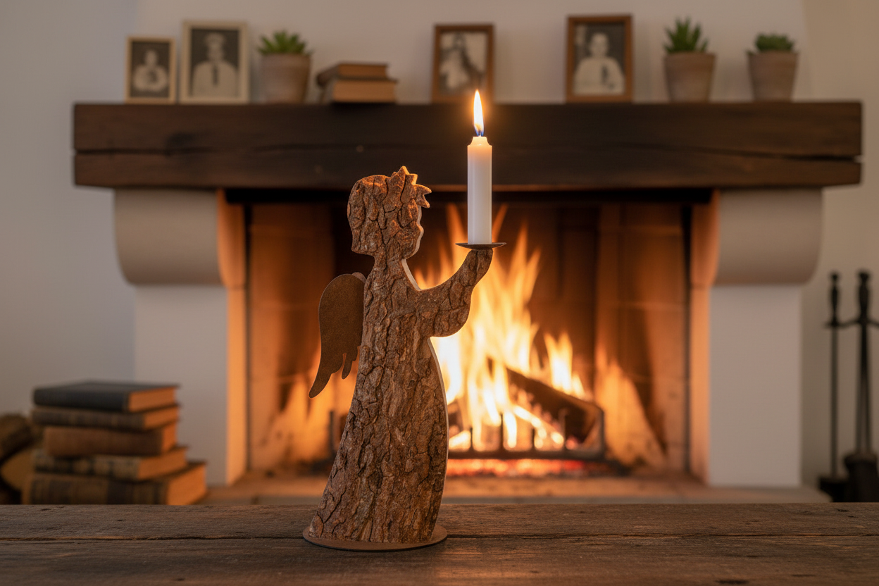 Thankgoods Rindenengel mit Kerze 29 cm vor Kamin