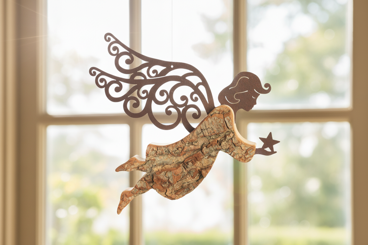 Thankgoods Engel mit Rostflügeln vor Fenster