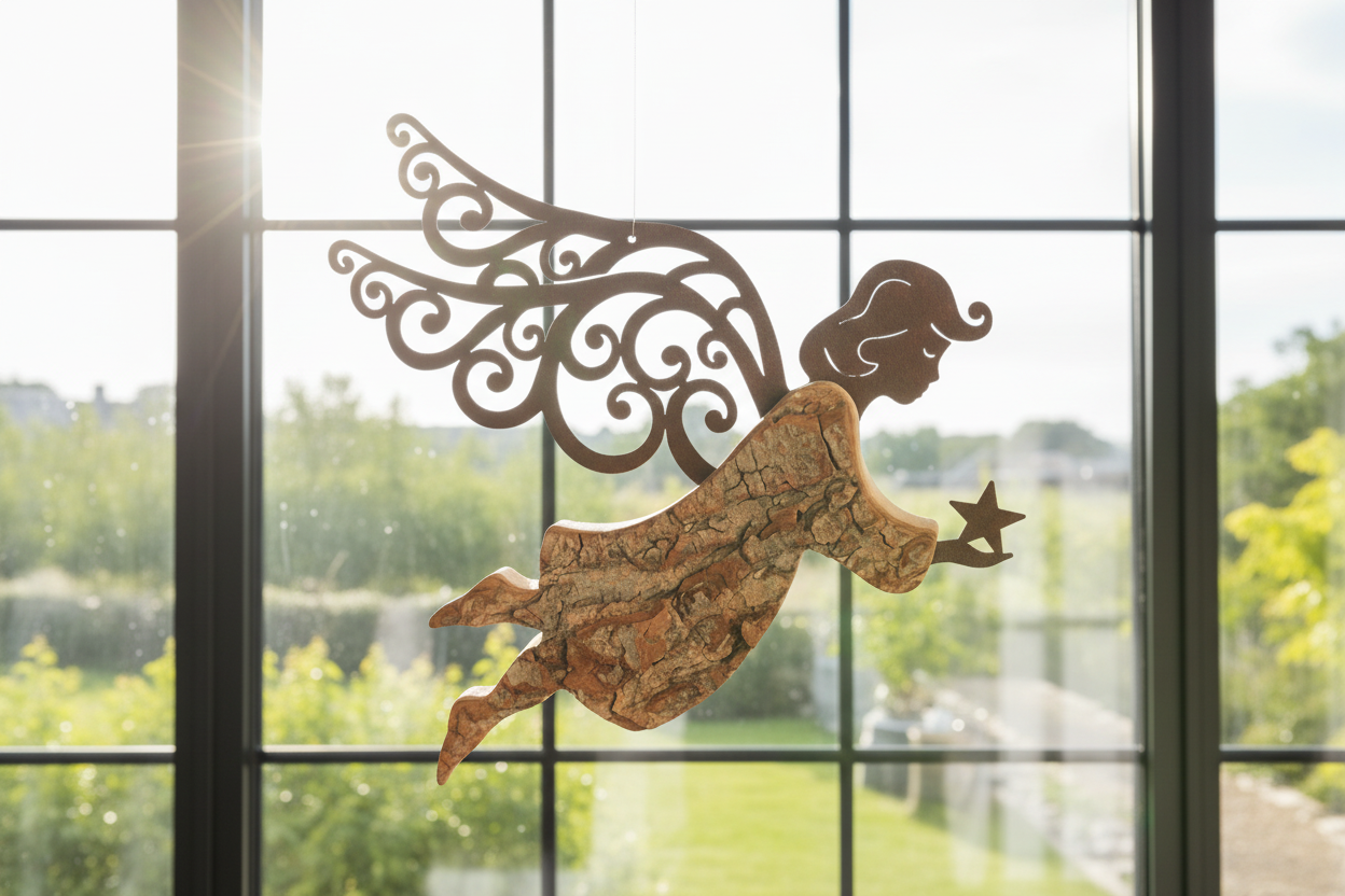 Thankgoods Rindenengel mit Rostflügeln vor Fenster 